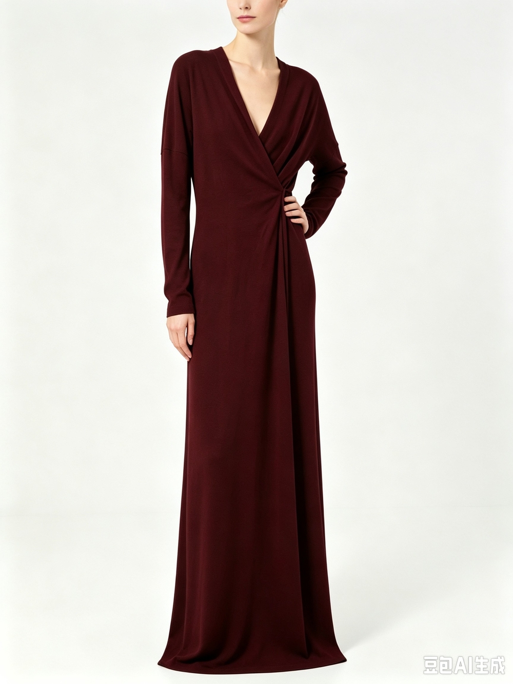 Jean Paul Gaultier Burgundy Twist-Front Long Sleeve Maxi Dress